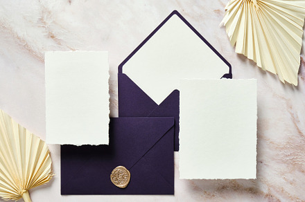 Wedding Flat Lay with Purple Envelopes