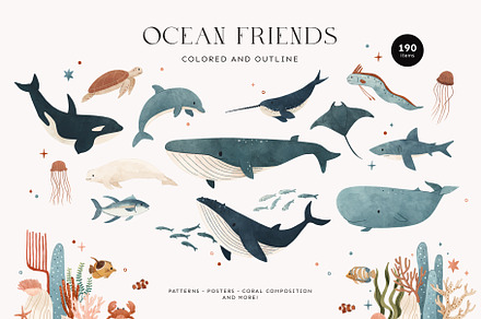 Ocean Animals: colored & outline
