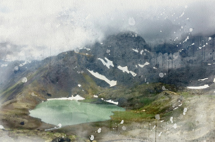 Watercolour painting of wild lake.